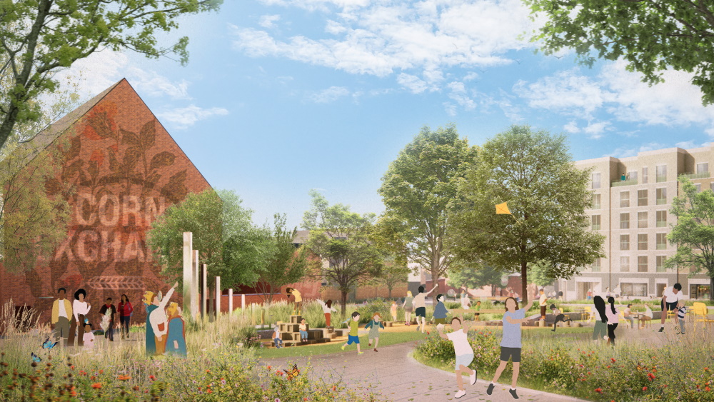 Illustrative image of how the exterior of the re-opened Corn Exchange could look, when viewed across 
						West Island.